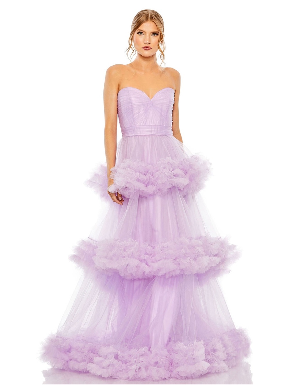 Mac Duggal Lavender Strapless Ruffled Tulle Maxi Gown